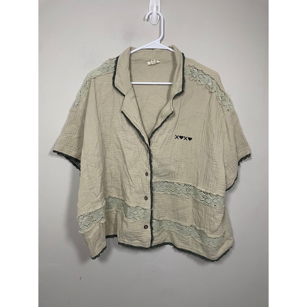 Pol Oversized Gauze Cotton‎ Embroidered Lace Button Down In Green Size Large